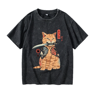 日系浮世绘猫武士创意和风T恤短袖bf风衣服女男圆领大码宽松夏季