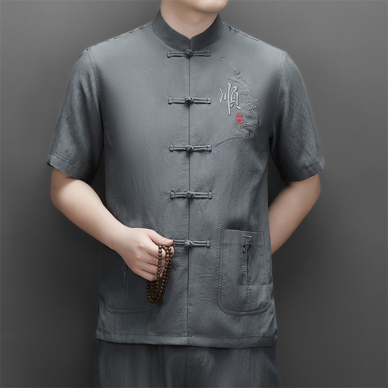 夏季天丝棉麻高端刺绣唐装男士中老年风新中式汉服M9606P73,男装民族服装,星座804（原QT730）