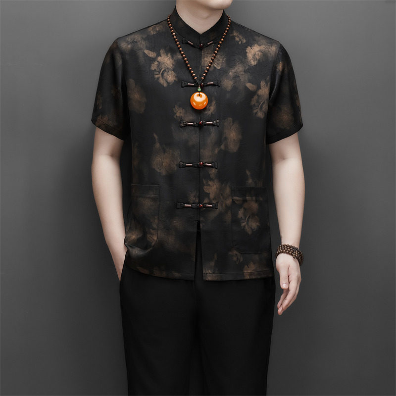 夏季香云纱高端提花唐装中老年风新中式汉服MB9217P86黑色,男装民族服装,星座804（原QT730）
