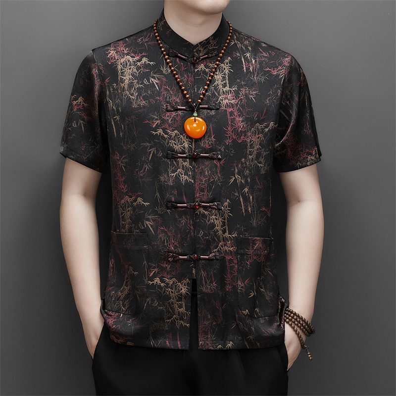 男中老年夏季香云纱高端印花唐装风新中式汉服MB9216P86紫色,男装民族服装,星座804（原QT730）