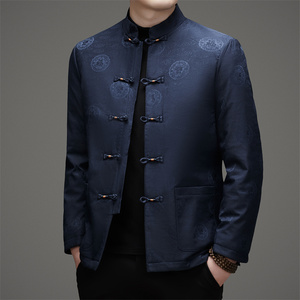 风男冬季老人印花羽绒服立领唐装汉服爷爷外套D21815P200蓝色图片