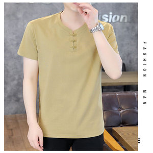 风盘扣禅服潮流大码男士夏季古风V领半袖上衣服XC6510P48黄色图片