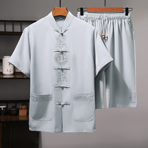 大码刺绣唐装中老年夏季短袖套装爸爸中山装MB5102P87浅灰色图片