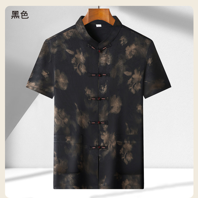 高端印花唐装香云纱男士中老年风新中式汉服MC9217P108黑色,男装民族服装,星座804（原QT730）