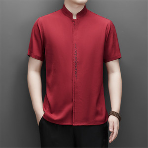 25年仿真丝高端提花唐装男士中老年风新中式汉服M9303P73红色图片