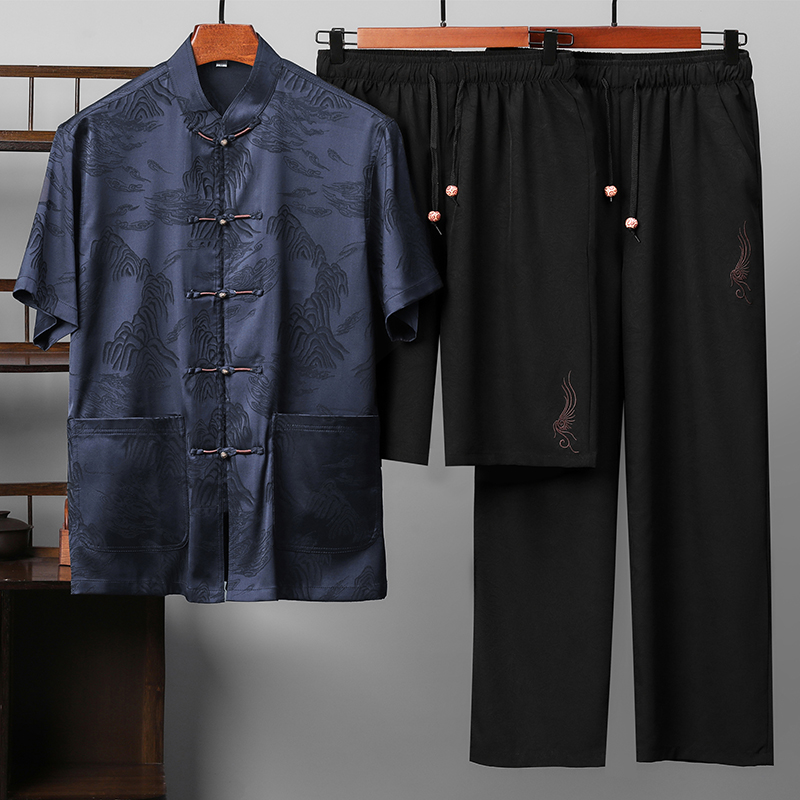 三件套唐装男士中老年风新中式汉服MC5106P140蓝色，男装民族服装，星座804（原QT730）