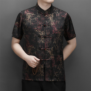 男中老年夏季香云纱高端印花唐装风新中式汉服MB9216P86紫色图片