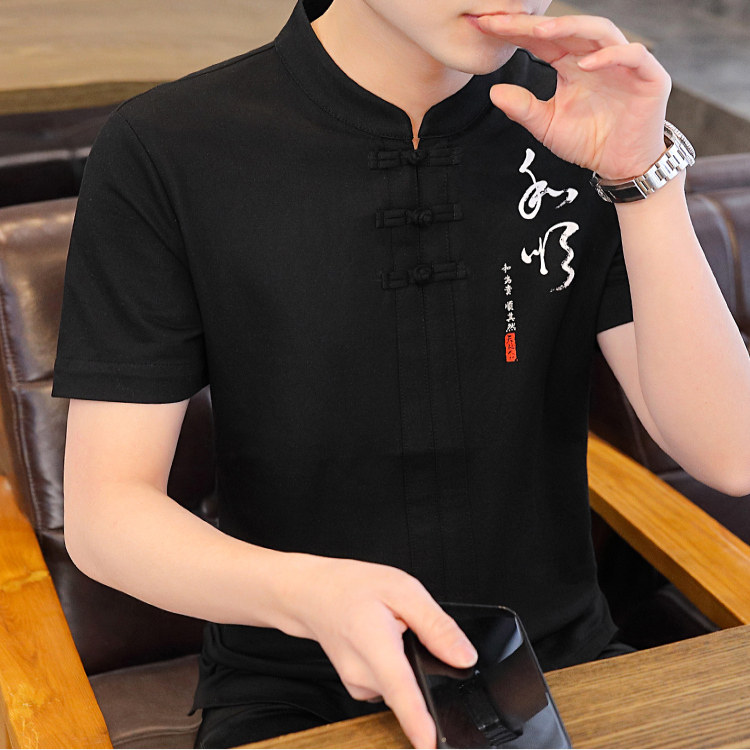 风青年刺绣修身T恤2025年夏季新款男21001P45黑色,男装民族服装,星座804（原QT730）