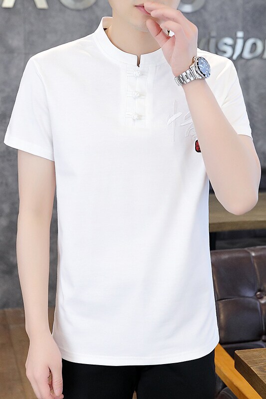 25年风大码盘扣禅服男夏季古风立领半袖上衣服XC6512P48白色,男装民族服装,星座804（原QT730）