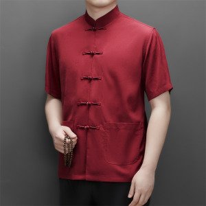 高端提花唐装男士仿真丝中老年风新中式汉服T9601P108红色图片