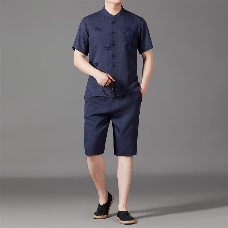 仿真丝短袖衬衫唐装中老年风新中式汉服B5101P87藏青色,男装民族服装,星座804（原QT730）