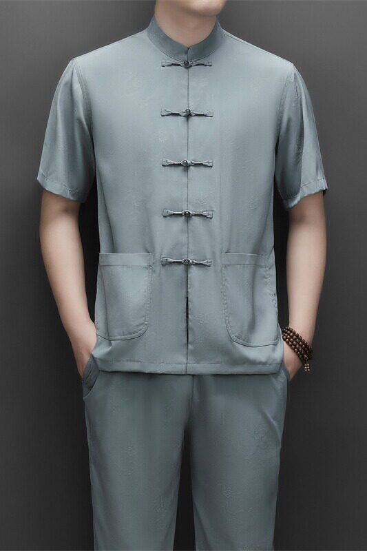 仿真丝高端提花唐装男士中老年风新中式汉服M9601P70灰绿色,男装民族服装,星座804（原QT730）
