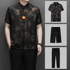 高端印花唐装香云纱男士中老年风新中式汉服MC9217P108黑色