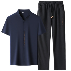 高端提花唐装仿真丝男士中老年风新中式汉服T9303P103藏青色图片