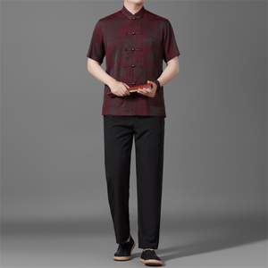 夏季高端唐装套装男士中老年新中式汉服T5106P123红色图片