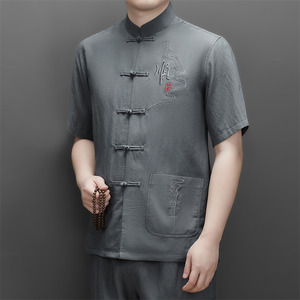 男士夏季天丝棉麻高端刺绣唐装中老年风汉服M9606P73深灰色图片