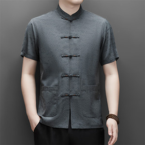 夏季仿真丝高端提花唐装男中老年风新中式汉服M9301P73深灰色图片
