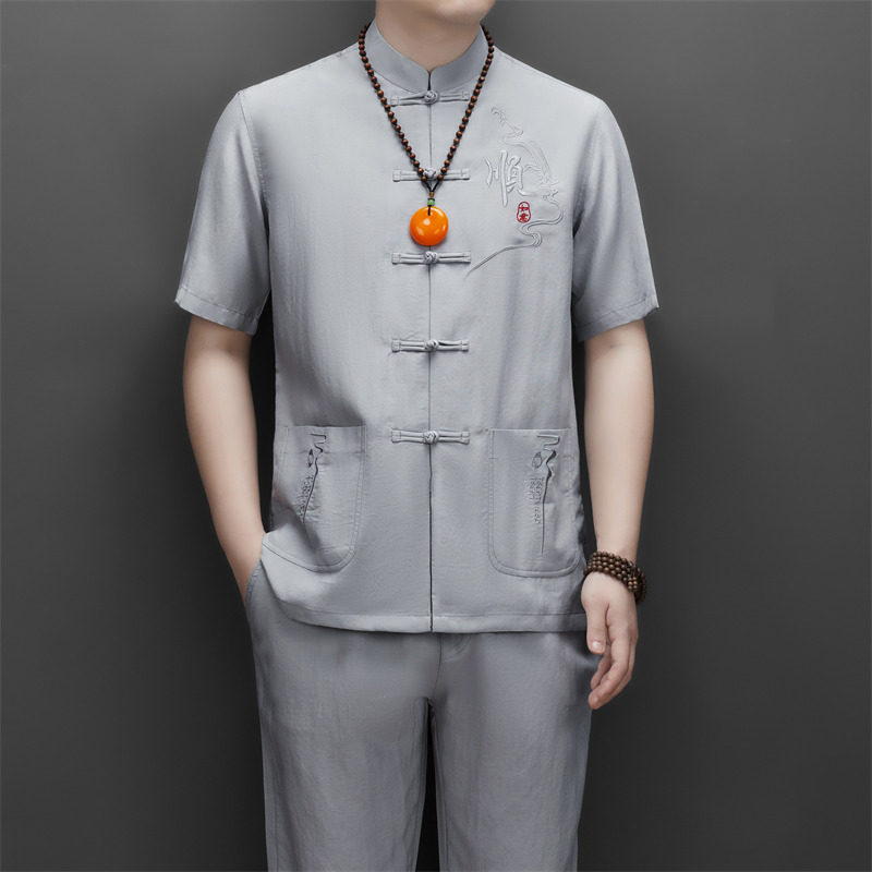高端刺绣唐装天丝棉麻男中老年风新中式汉服T9606P115浅灰色,男装民族服装,星座804（原QT730）