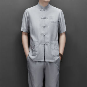 夏季天丝棉麻高端刺绣唐装男士中老年风新中式汉服MT9603P115,深驼色浅驼色帽子搭配服装图片图片
