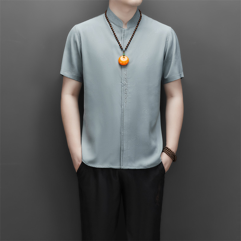 男士中老年仿真丝高端提花唐装风新中式汉服MB9303P96灰绿色，男装民族服装，星座804（原QT730）
