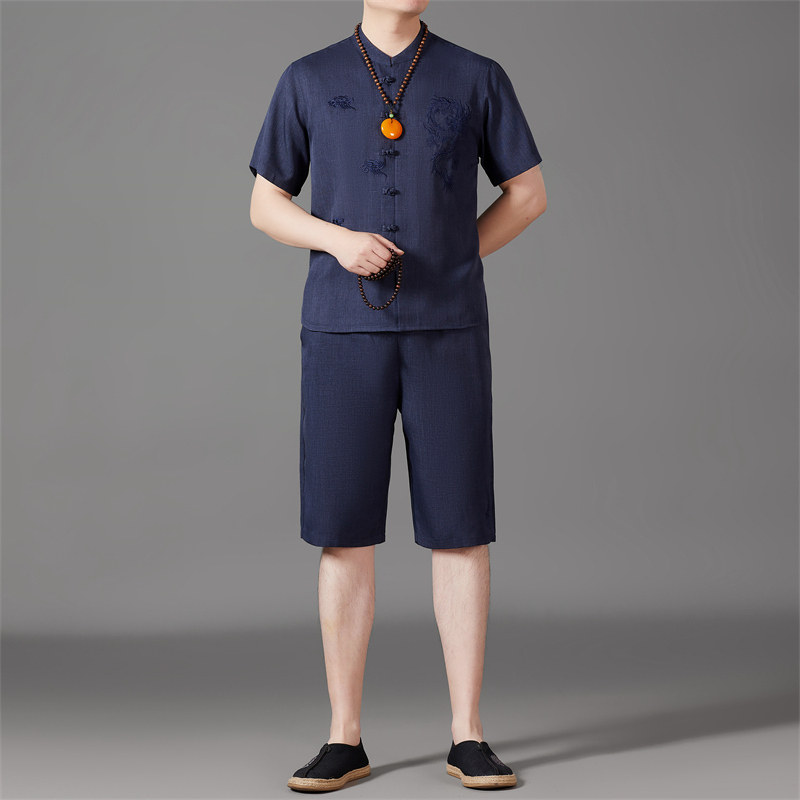 仿真丝短袖衬衫唐装中老年风新中式汉服B5101P87藏青色,男装民族服装,星座804（原QT730）