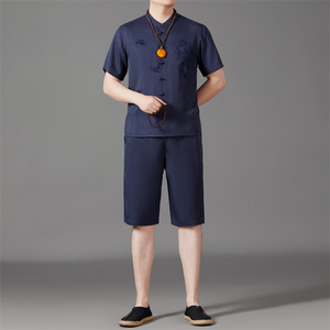 仿真丝短袖衬衫唐装中老年风新中式汉服B5101P87藏青色图片