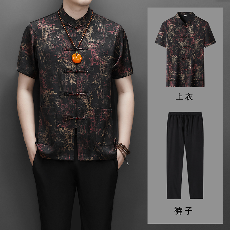 男士中老年香云纱高端印花唐装风新中式汉服MC9216P108黄色，男装民族服装，星座804（原QT730）