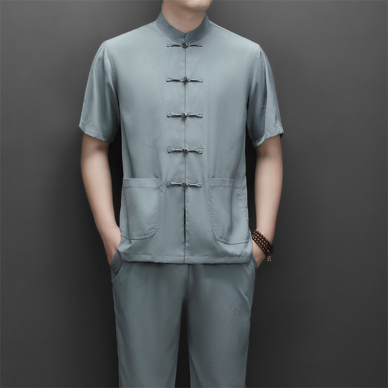 仿真丝高端提花唐装男士中老年风新中式汉服M9601P70灰绿色图片