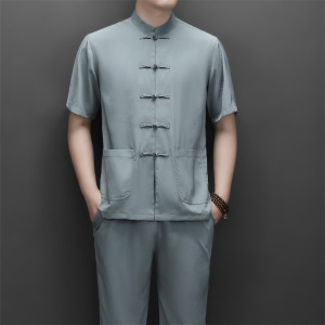 仿真丝高端提花唐装男士中老年风新中式汉服M9601P70灰绿色图片