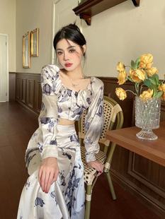 小菊川栗/水墨连衣裙 古典泼墨扎染开叉设计复古印花两件套装夏