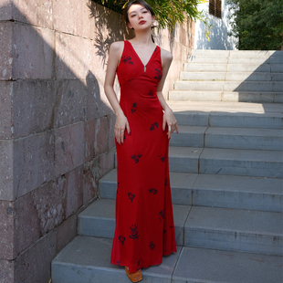 古典复古系带修身 朱砂红东方美新中式 连衣裙 朱颜红裳裙 小菊川栗