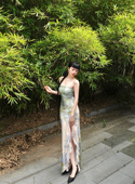 优雅开衩不规则抹胸长裙 古典青藤蔓新中式 小菊川栗 绿竹韵曼裙