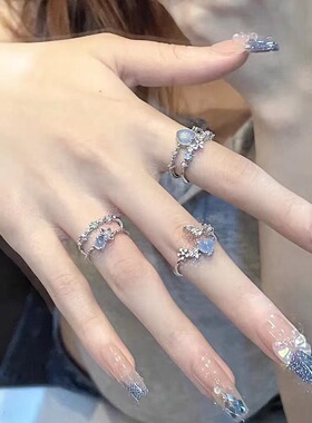 新款蓝色月光猫眼爱心花朵石戒指轻奢小众设计感食指开口戒高级