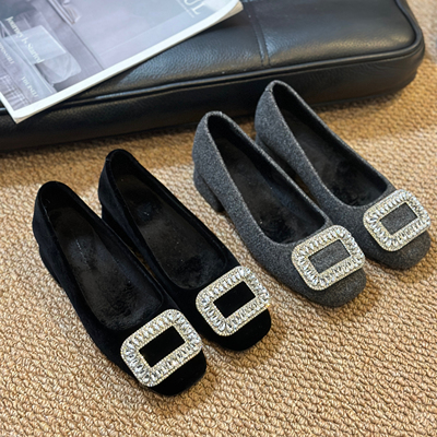 LMENY  法式方头水钻加绒粗跟小单鞋冬季新款百搭通勤单鞋16-139