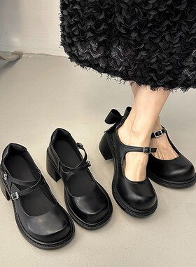 大码粗跟单鞋女41一43中跟百搭春季女鞋40一字扣玛丽珍鞋小皮鞋42