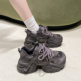 大码女鞋41到43秋冬加绒老爹鞋脚宽胖厚底轻便软底休闲复古运动鞋