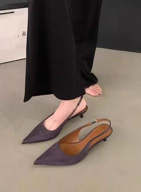 大码女鞋41到43宽胖脚春季新款尖头鞋子单鞋紫色高跟鞋女包头凉鞋