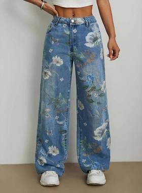 现货-15875跨境速卖通欧美街头潮流宽松直筒阔腿裤印花牛仔长裤