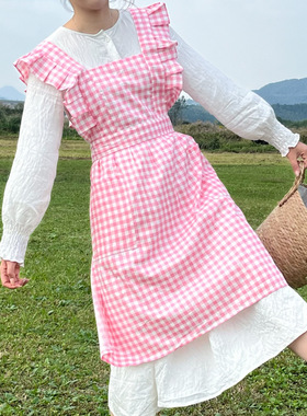 格子荷叶边围裙咖啡厅园艺花艺画室罩衣画画亚马逊naver