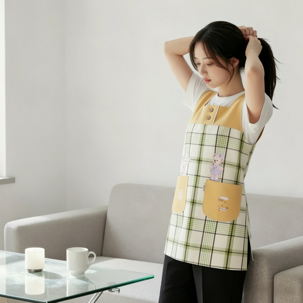 卡通家用背心围裙女士新款时尚格子罩衣厨房防油污背心式无袖围裙