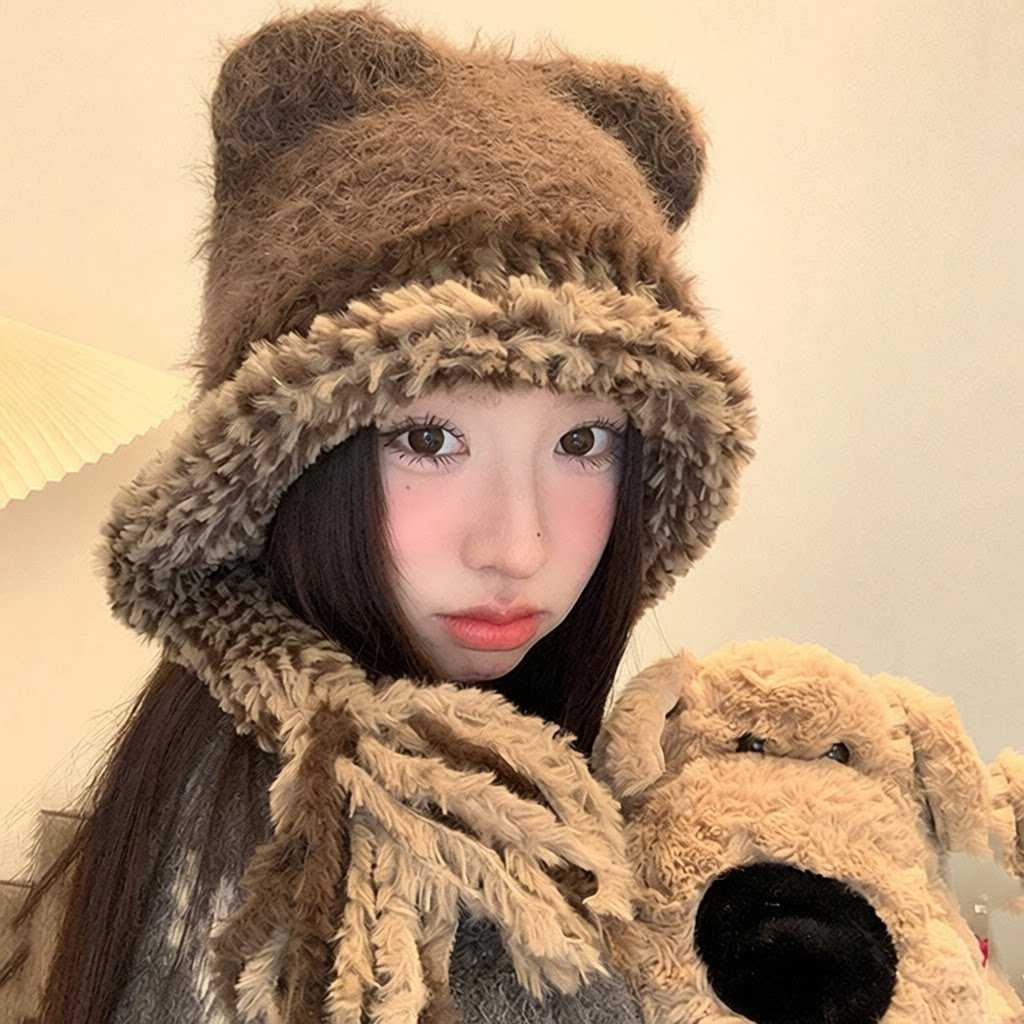 秋冬季撞色毛边护耳针织帽女猫耳