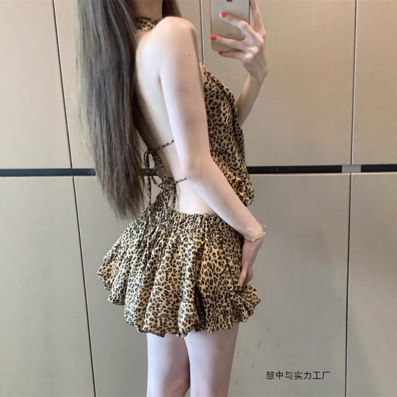 A字裙美式辣妹性感豹纹露背连