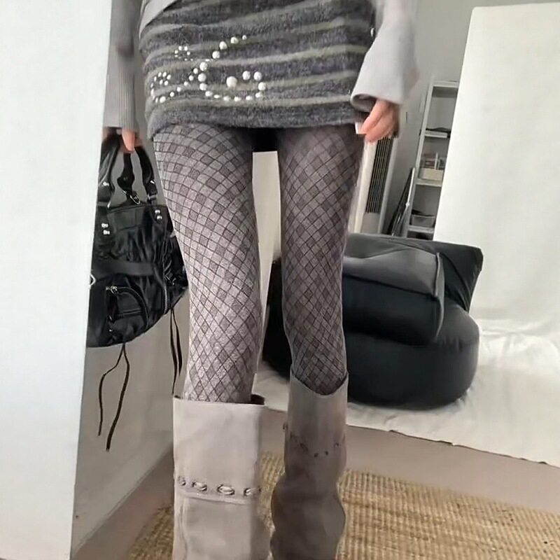 菱格连裤袜女春秋复古英伦棋盘格