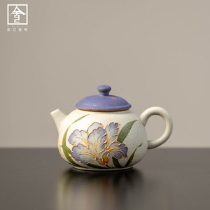 暮云紫新款手绘黛紫鸢华花茶壶仿古家用功夫茶具球孔陶瓷个人单壶