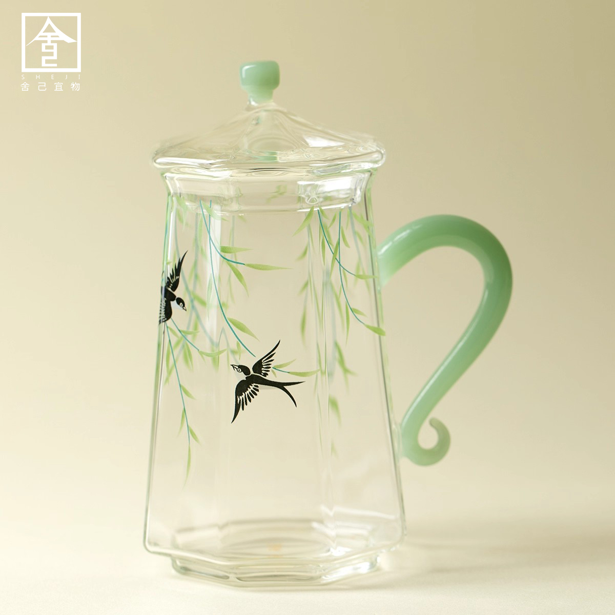 瑞璃小清新柳燕嬉春塔冠绿茶杯家用高硼硅玻璃花茶杯透明水杯