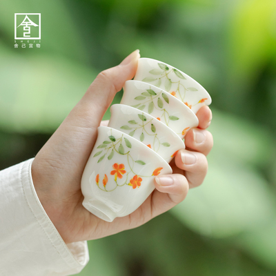 玉泥白瓷手绘品茗杯功夫茶具家用釉下文人器茶杯小号喝茶单杯茶具