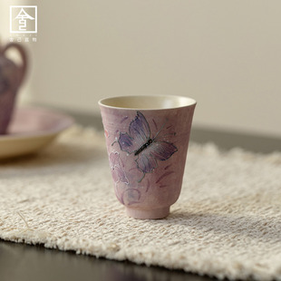 新款油画紫手绘蝶舞喝茶杯家用中式手工喝茶杯女士高档精致品茗杯