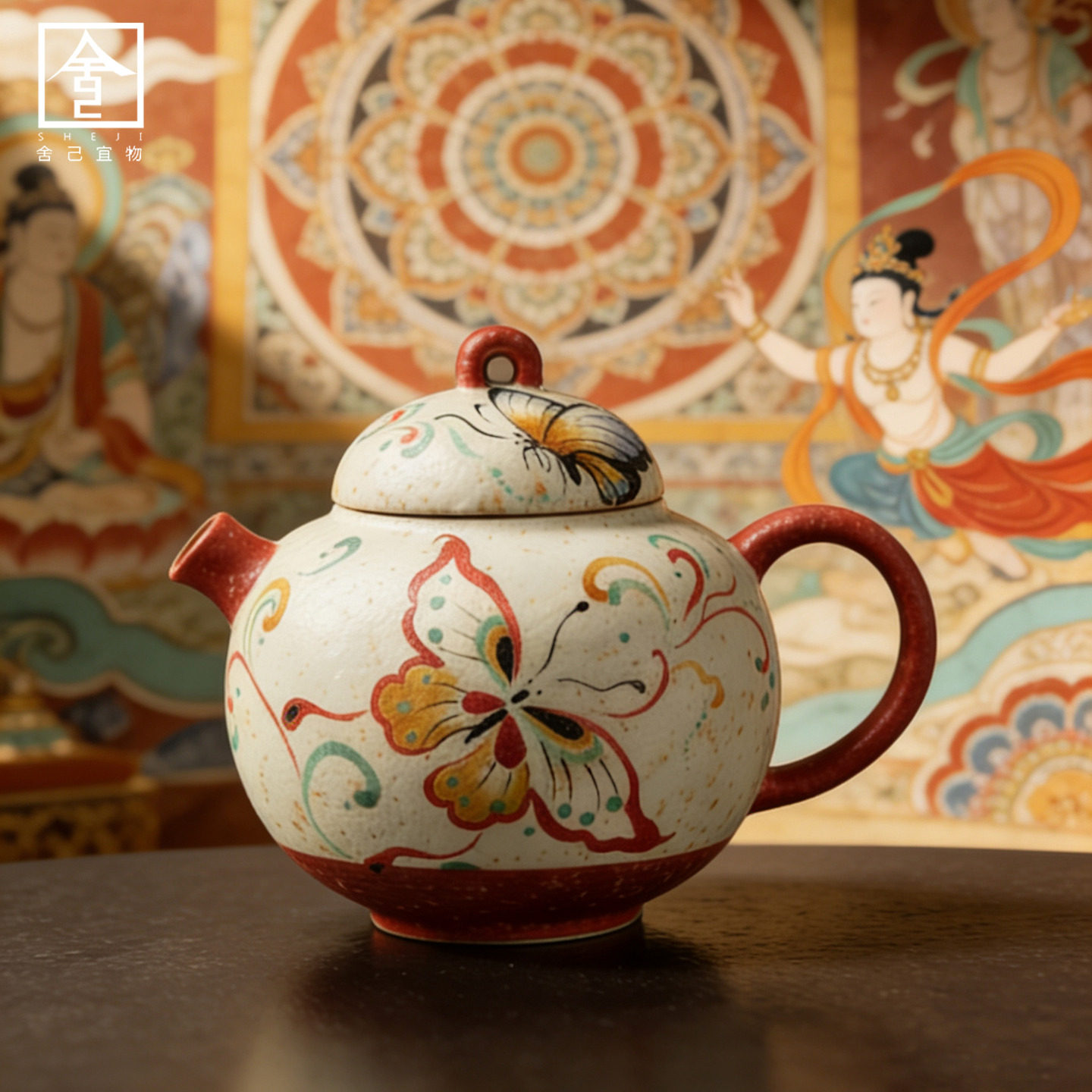 敦煌文创泡茶壶火石红手绘蝴蝶圆肚茶壶家用陶瓷功夫茶具女泡茶壶