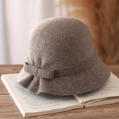 羊毛渔夫帽女秋冬偏软帽子可折叠韩版 蝴蝶结优雅网红盆帽 百搭时尚