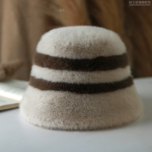 仿貂毛冬季 条纹毛绒帽子女渔夫帽显脸小盆帽 防风抗寒加厚保暖韩版